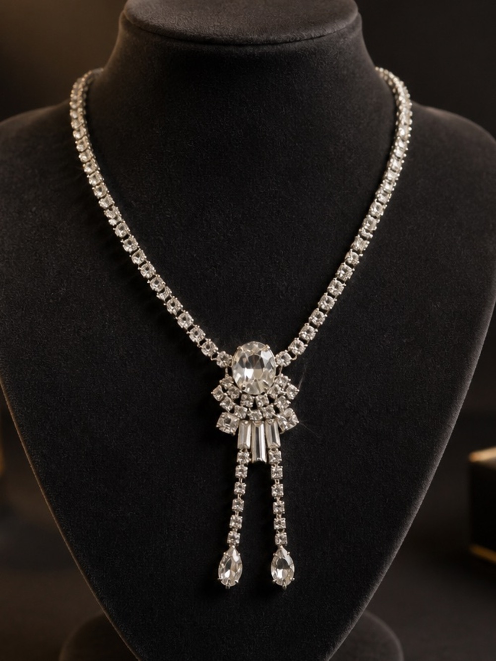 CORO Vintage Rhinestone Necklace, 1950s Silver Tone Art Deco Style